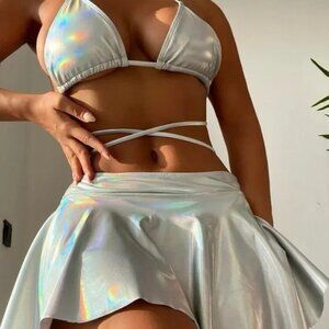 SHEIN Swim Summer Beach Bikini Set Top Bottom & Mini Skirt Rave XS 3 Piece NWT